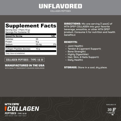 MTN OPS Collagen Protein Powder On-The-Go Packs - 9g Protein Per Serving, Unflavored, 30 Packs