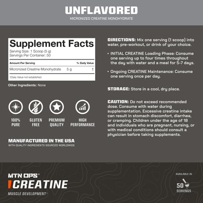 MTN OPS Creatine Monohydrate Powder, Unflavored 50 Serving Tub – 100% Pure Micronized
