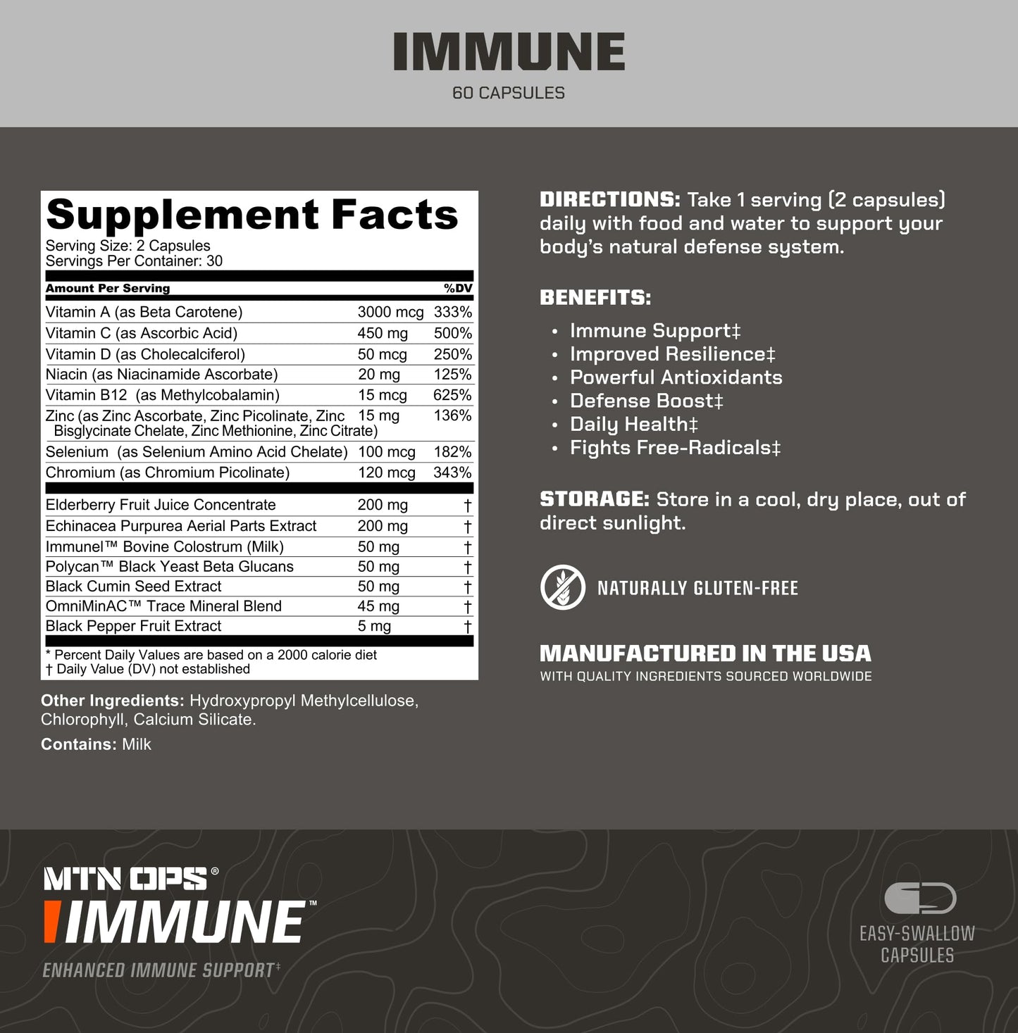 MTN OPS Immune™ Capsules – Daily Immune Support with Vitamin D, Vitamin C, Zinc, Elderberry & Echinacea | 60 Easy-Swallow Capsules | 30 Servings