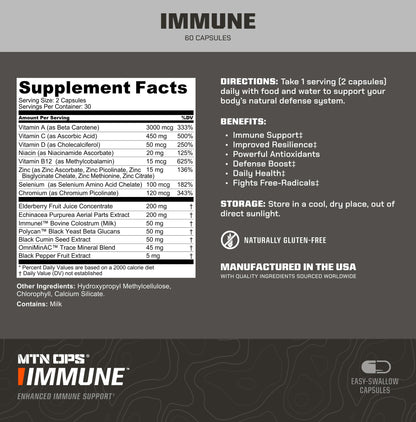 MTN OPS Immune™ Capsules – Daily Immune Support with Vitamin D, Vitamin C, Zinc, Elderberry & Echinacea | 60 Easy-Swallow Capsules | 30 Servings