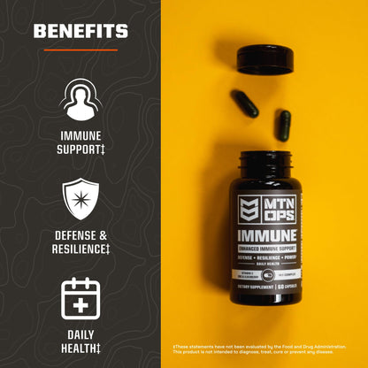 MTN OPS Immune™ Capsules – Daily Immune Support with Vitamin D, Vitamin C, Zinc, Elderberry & Echinacea | 60 Easy-Swallow Capsules | 30 Servings