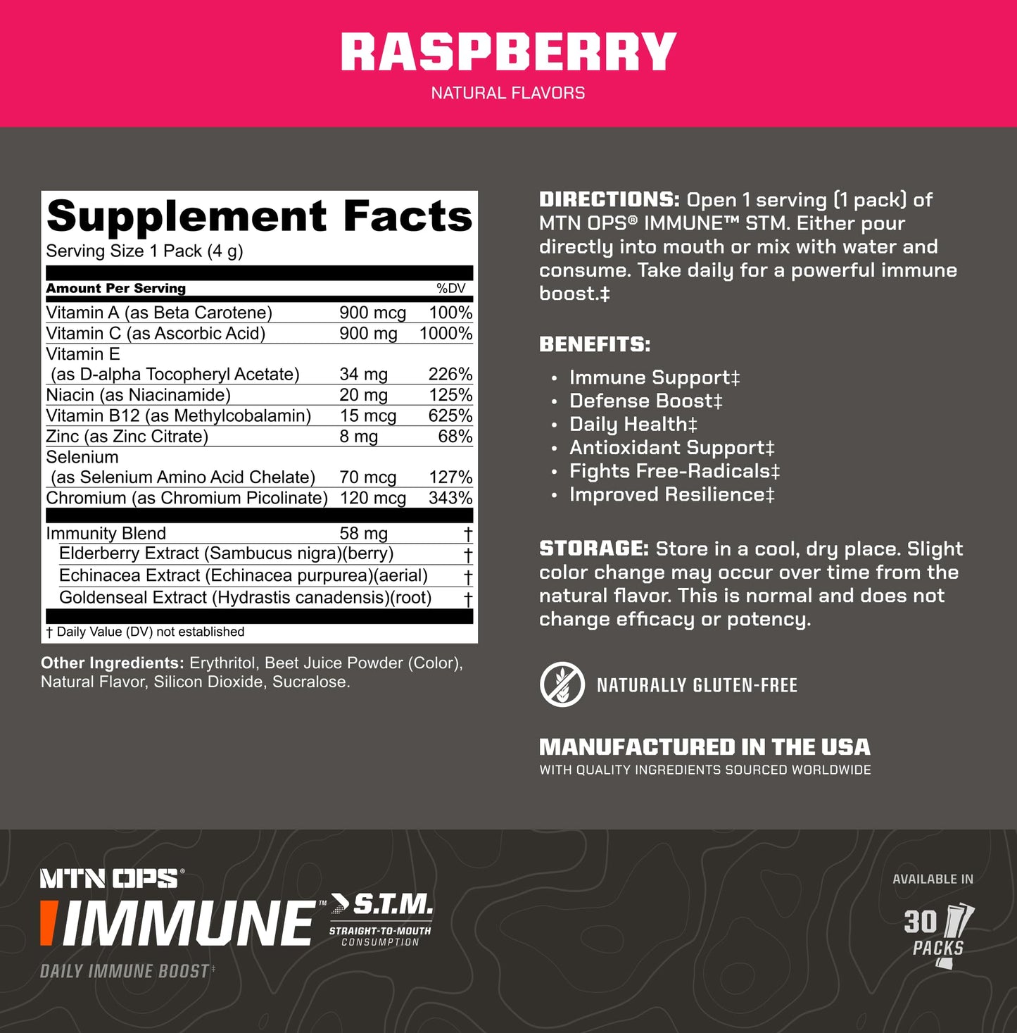 MTN OPS Immune STM Powder Drink Mix – Raspberry Flavor (30 Servings)