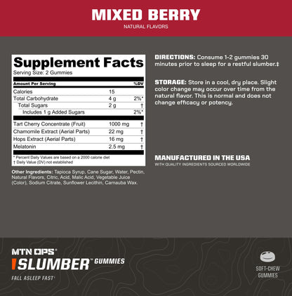 MTN OPS Slumber Sleep Gummies – Tart Cherry 1000mg, Melatonin 2.5mg, Mixed Berry | 60 Servings