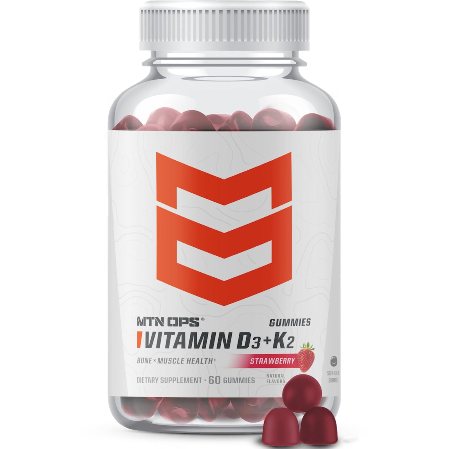 MTN OPS Vitamin D3 K2 Gummies – 5000 IU D3, Strawberry, Gluten-Free | 60 Gummies