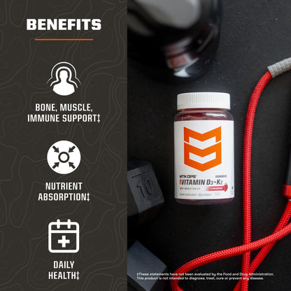 MTN OPS Vitamin D3 K2 Gummies – 5000 IU D3, Strawberry, Gluten-Free | 60 Gummies