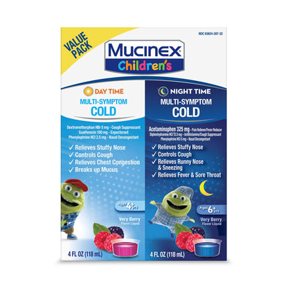 Mucinex Children's Day Time & Night Time Multi-Symptom Cold Liquid – Very Berry, 8 oz (2x4 oz)