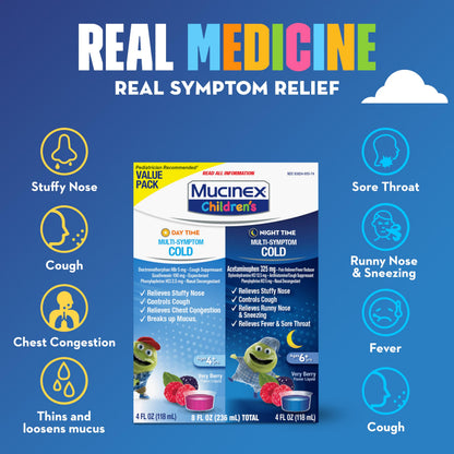 Mucinex Children's Day Time & Night Time Multi-Symptom Cold Liquid – Very Berry, 8 oz (2x4 oz)