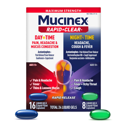 Mucinex Rapid Clear Maximum Strength Day & Night Cold and Flu Medicine for Adults - 24 Count