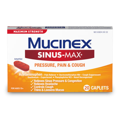 Mucinex Maximum Strength Sinus-Max Pressure & Pain Caplets – 60 Count Pack of 3 (Sinus Pressure, Congestion, Headache & Fever)