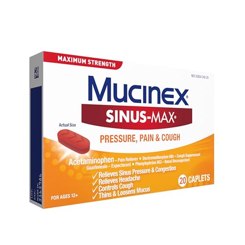 Mucinex Maximum Strength Sinus-Max Pressure & Pain Caplets – 60 Count Pack of 3 (Sinus Pressure, Congestion, Headache & Fever)