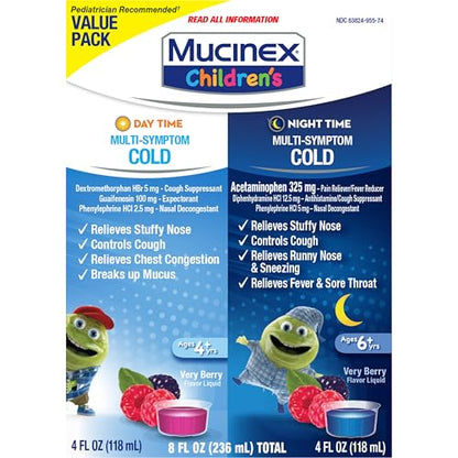 Mucinex Children's Day Time & Night Time Multi-Symptom Cold Liquid – Very Berry, 8 oz (2x4 oz)