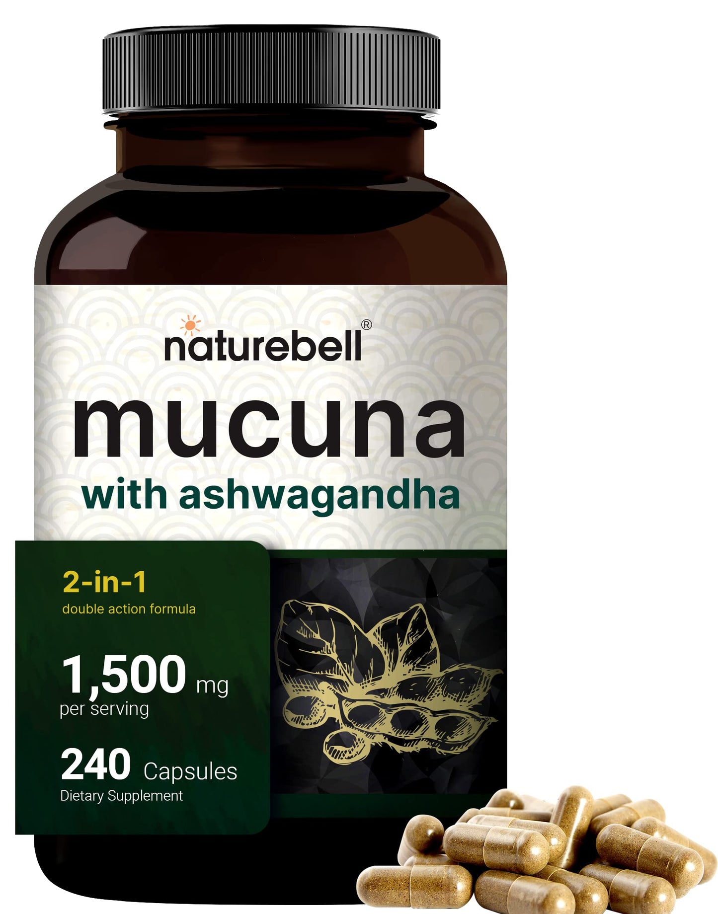 Mucuna Pruriens Capsules 1500mg | 240-Count 2-in-1 Ashwagandha Formula | Made in USA