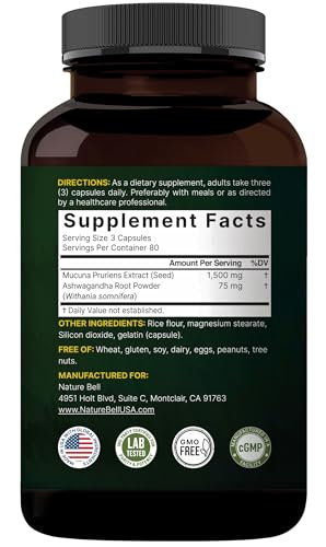 Mucuna Pruriens Capsules 1500mg | 240-Count 2-in-1 Ashwagandha Formula | Made in USA