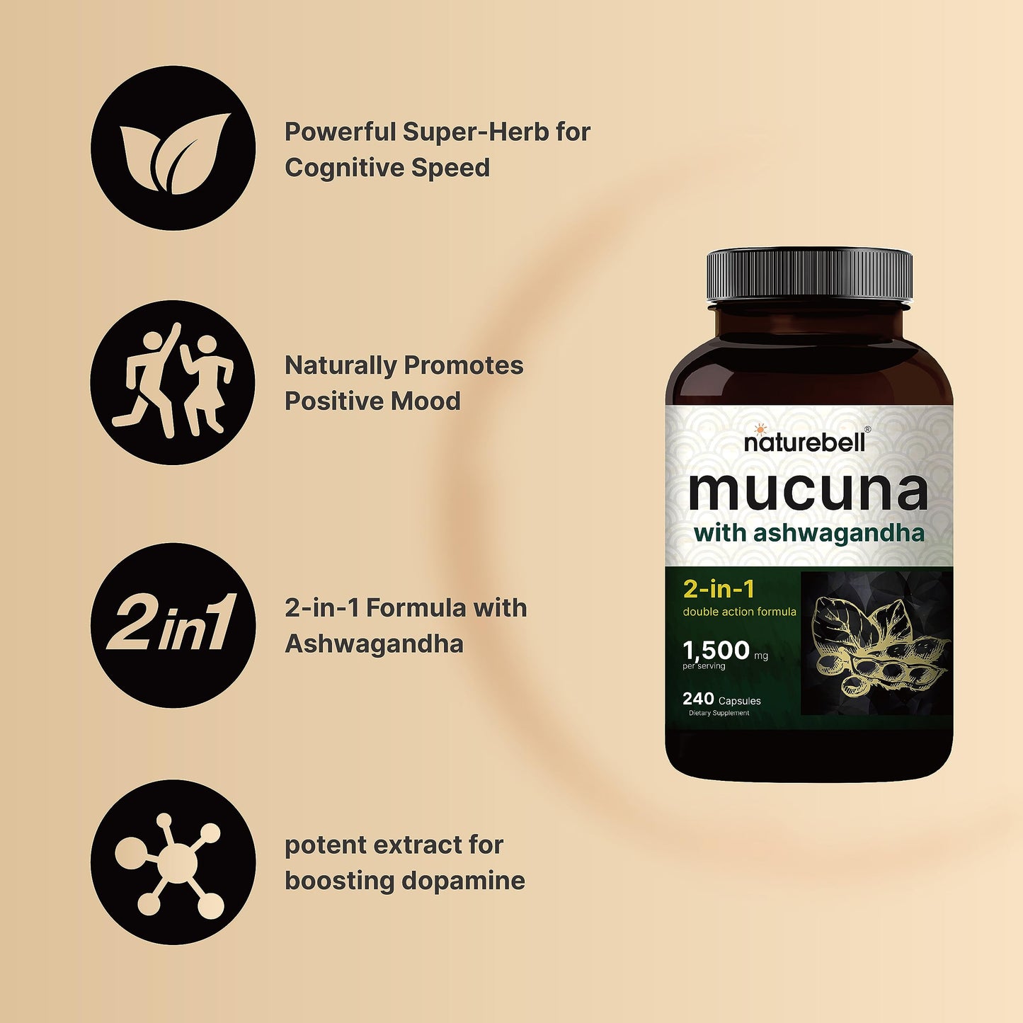 Mucuna Pruriens Capsules 1500mg | 240-Count 2-in-1 Ashwagandha Formula | Made in USA