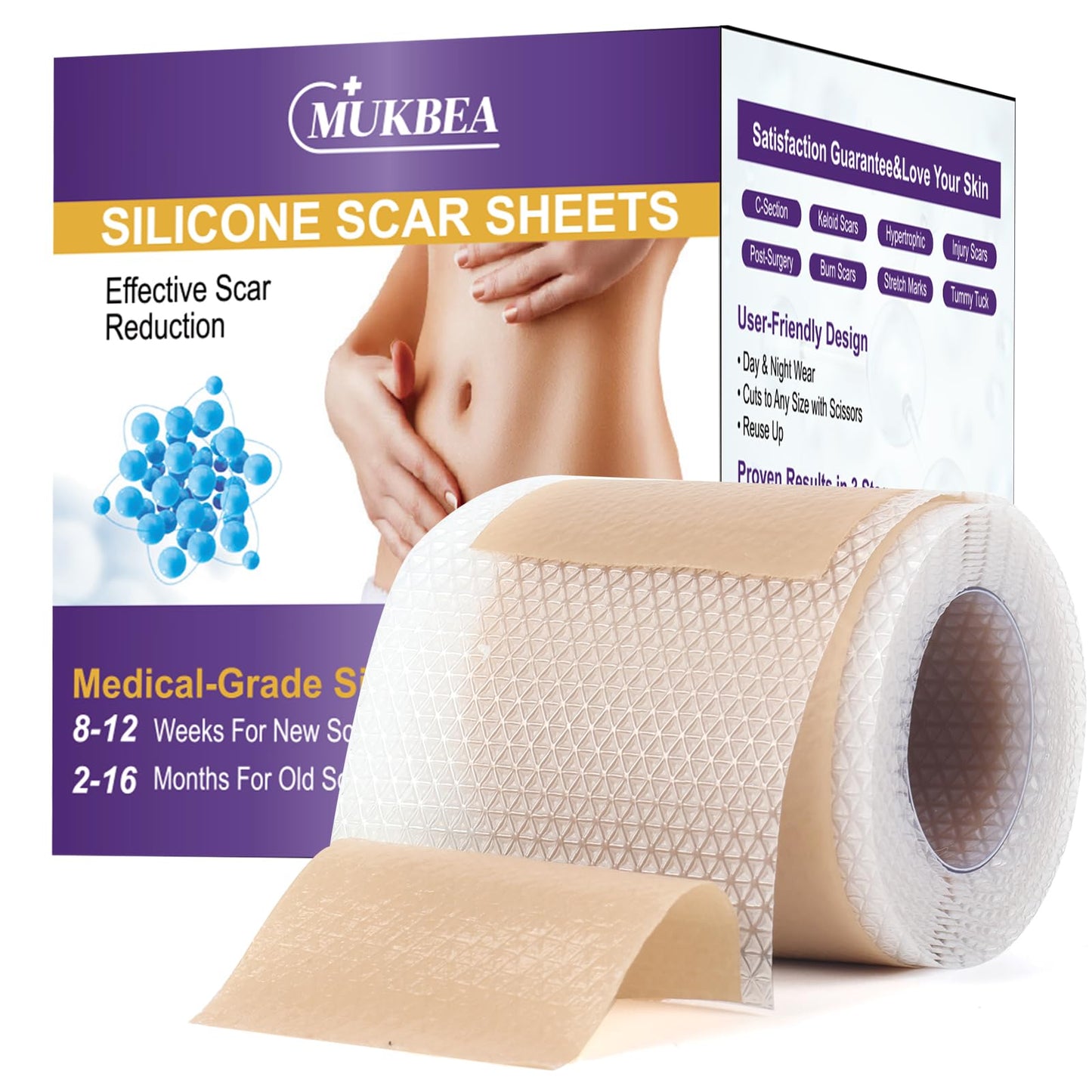 MUKBEA Silicone Scar Sheets & Tape – Reusable Scar Tape for Keloids, Surgical Scars, C-Section, Acne Scars (1.6” x 60” Roll, 1.5m)