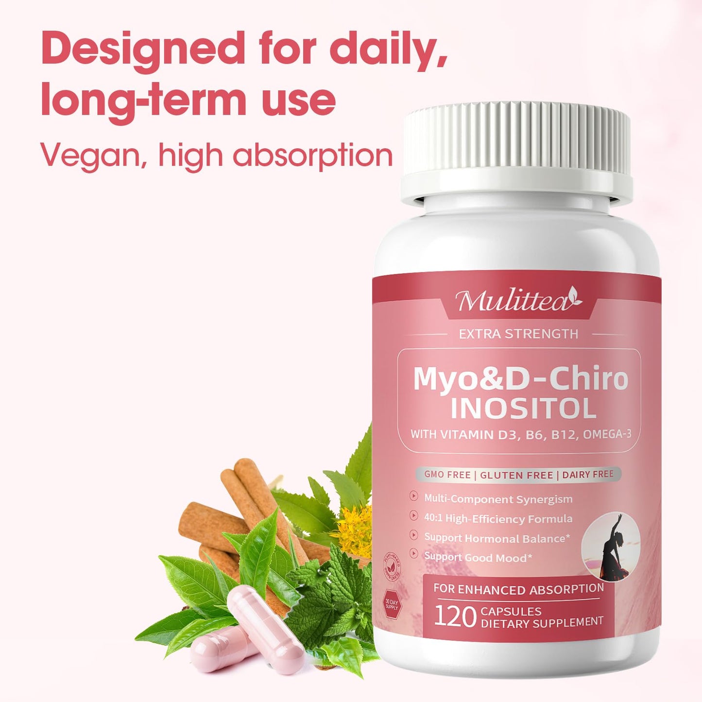 Mulittea Myo-Inositol & D-Chiro Supplement for Women - 14-in-1 Liposomal Inositol, 40:1 Ratio, 120 Vegan Capsules