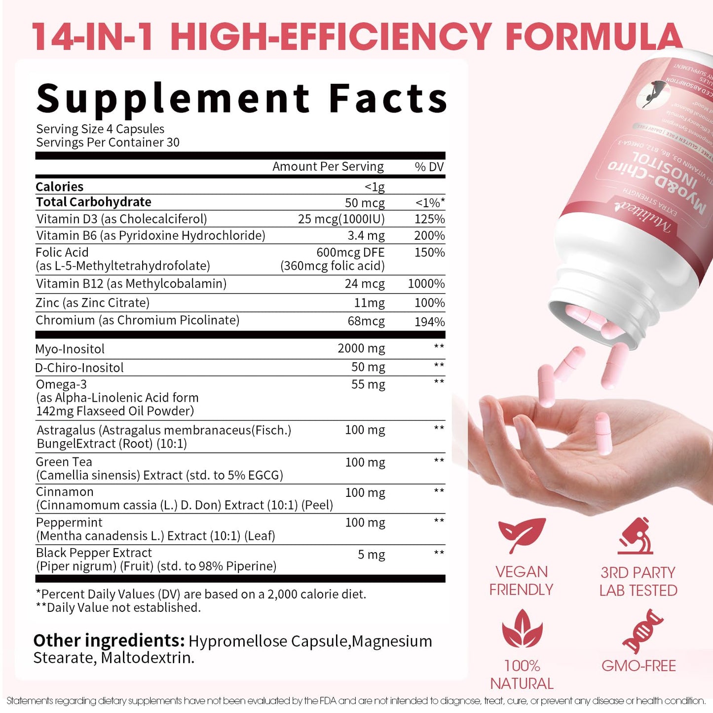 Mulittea Myo-Inositol & D-Chiro Supplement for Women - 14-in-1 Liposomal Inositol, 40:1 Ratio, 120 Vegan Capsules