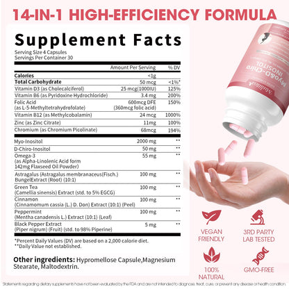 Mulittea Myo-Inositol & D-Chiro Supplement for Women - 14-in-1 Liposomal Inositol, 40:1 Ratio, 120 Vegan Capsules