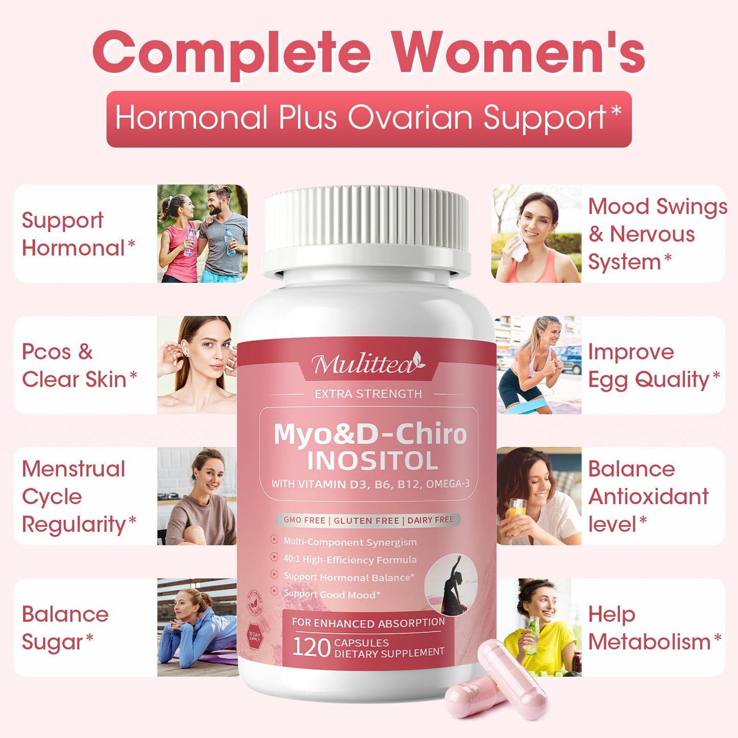 Mulittea Myo-Inositol & D-Chiro Supplement for Women - 14-in-1 Liposomal Inositol, 40:1 Ratio, 120 Vegan Capsules