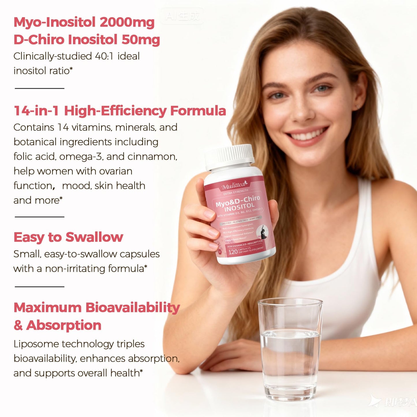 Mulittea Myo-Inositol & D-Chiro Supplement for Women - 14-in-1 Liposomal Inositol, 40:1 Ratio, 120 Vegan Capsules