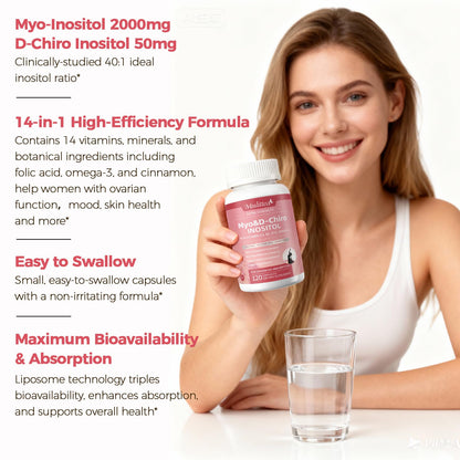 Mulittea Myo-Inositol & D-Chiro Supplement for Women - 14-in-1 Liposomal Inositol, 40:1 Ratio, 120 Vegan Capsules