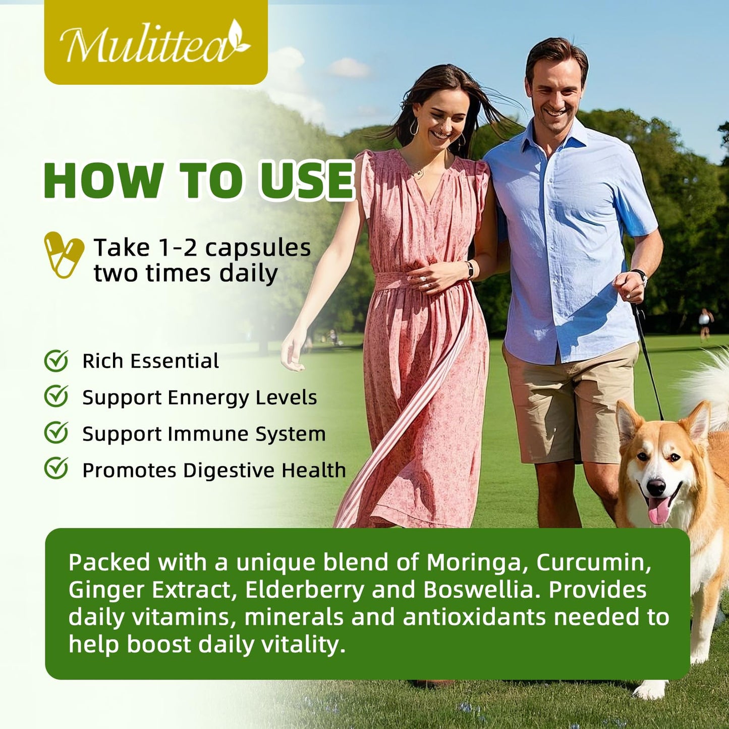 Mulittea Moringa Capsules 1000mg – 7-in-1 Turmeric, Ginger, Elderberry & Boswellia | 120 Vegan Capsules (2-Pack)