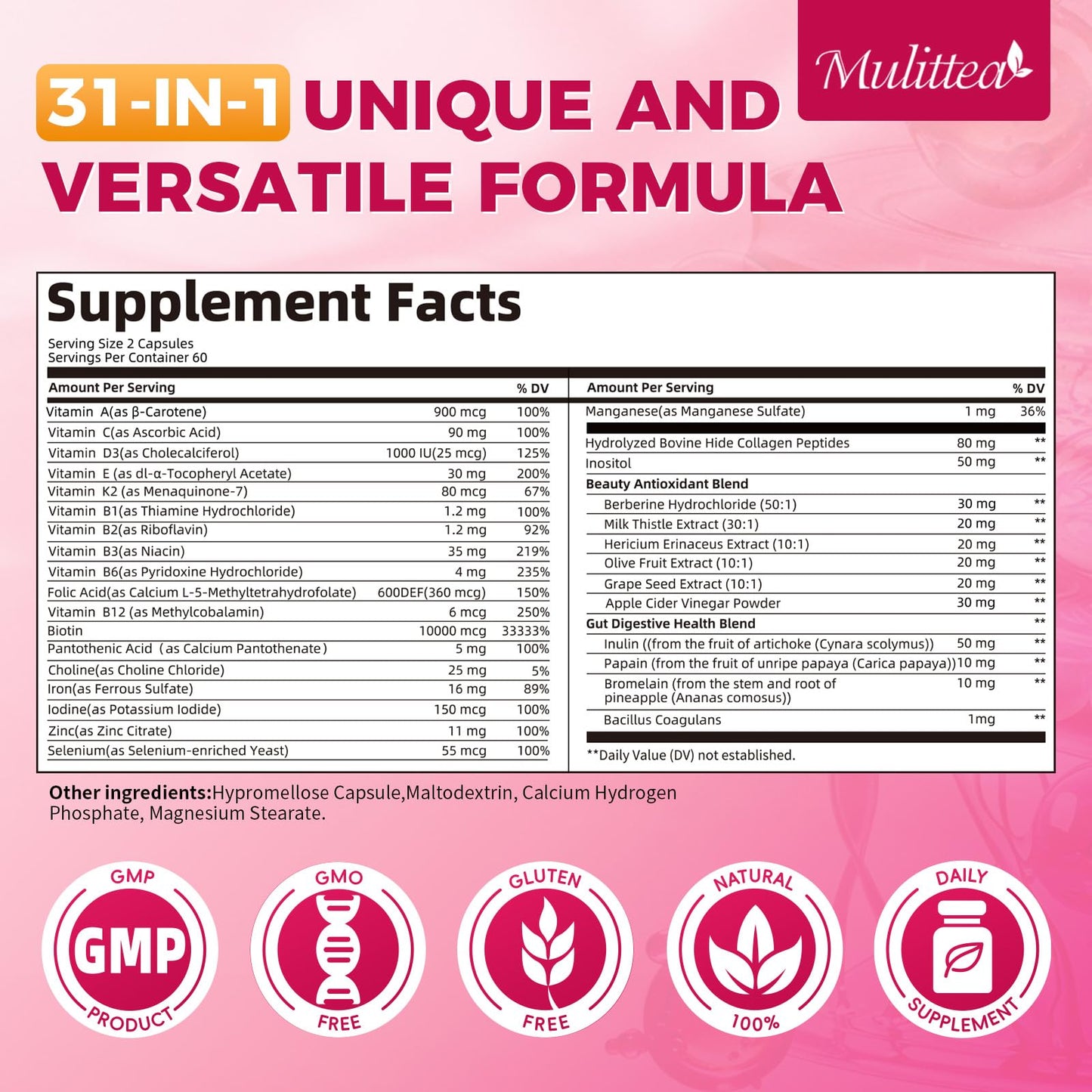 Mulittea Women Multivitamin – 120 CT, Biotin 10000mcg, A, C, D, E