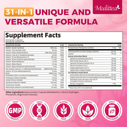 Mulittea Women Multivitamin – 120 CT, Biotin 10000mcg, A, C, D, E