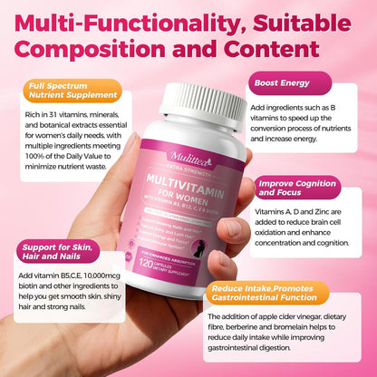 Mulittea Women's Multivitamin 120 CT (2 Pack) - Biotin 10000mcg, Methylated B9/B12