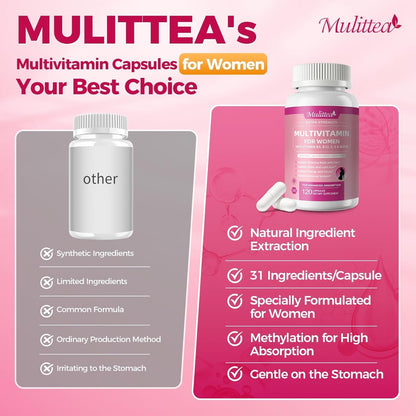 Mulittea Women's Multivitamin 120 CT (2 Pack) - Biotin 10000mcg, Methylated B9/B12