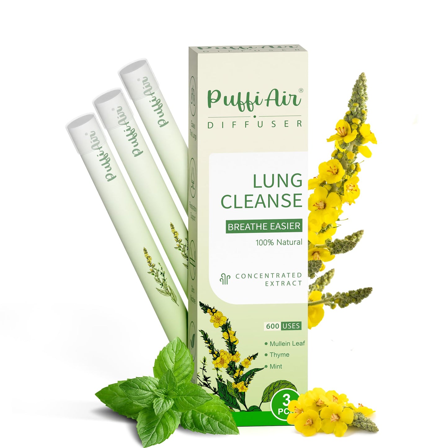 Upgraded Mullein Herbal Diffuser Stick – Lung Detox & Breathing Support | 600 Uses, 3 Sticks, 1 Pack