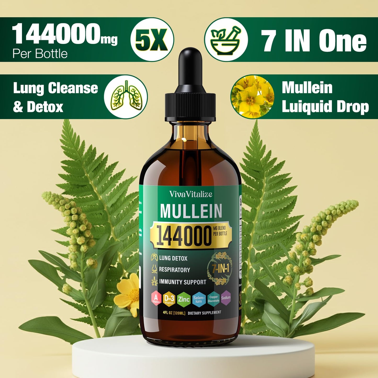 Mullein Drops for Lungs – 144000mg Mullein Leaf Extract | 120-Day Supply
