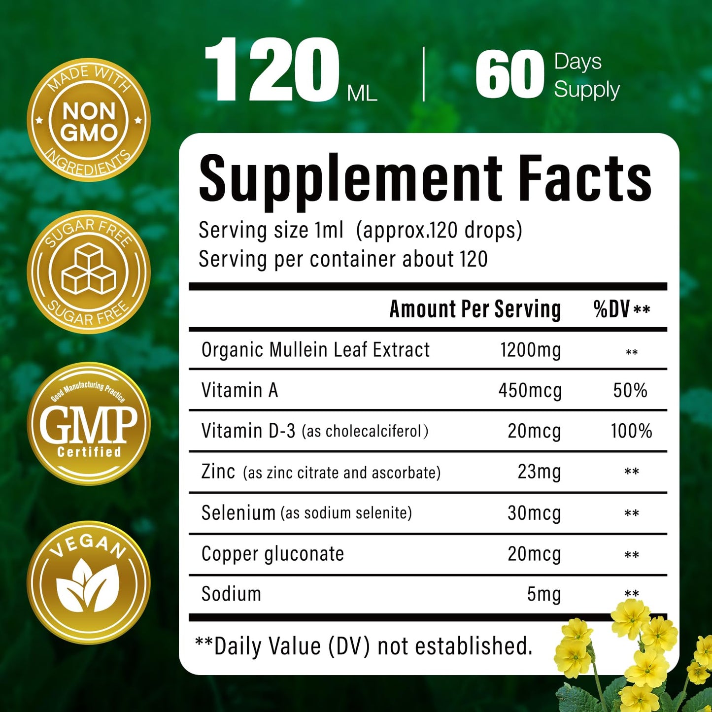 Mullein Drops for Lungs – 144000mg Mullein Leaf Extract | 120-Day Supply