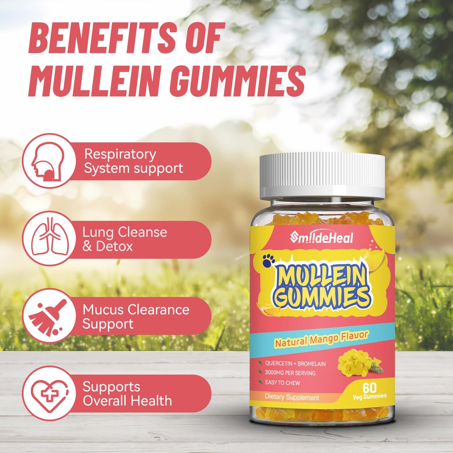 Mullein Gummies 3000MG – Sugar Free, Vegan, Lung Support (60 Count)