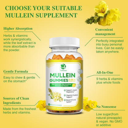 2-Pack 9-in-1 Mullein Gummies for Lung Cleanse & Immunity – Extra Strength, Vegan, 120 Count