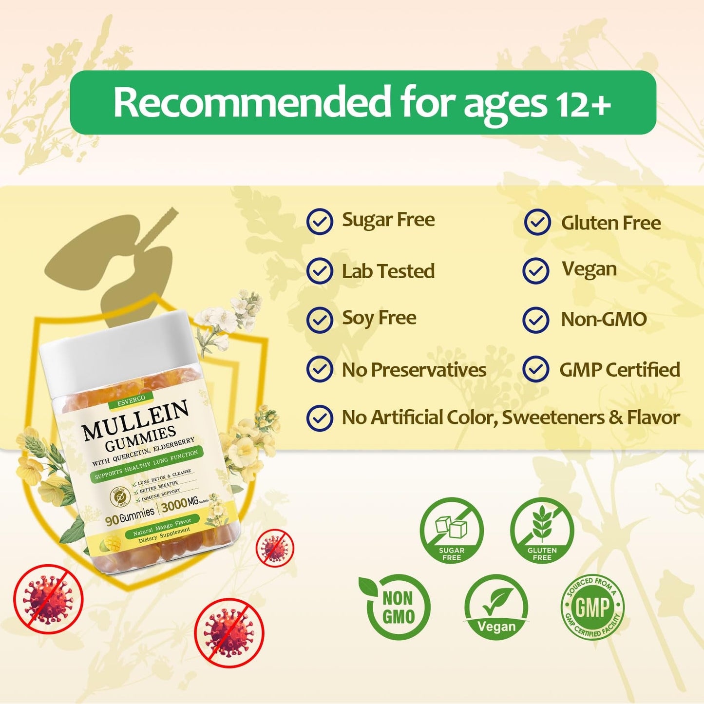 Mullein Gummies 3600mg – 7-in-1 Lung Health, Immune Support, Vegan, No Sugar | 90 Count