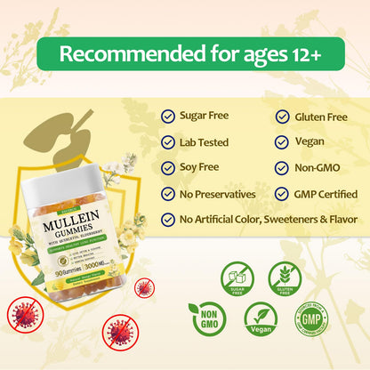 Mullein Gummies 3600mg – 7-in-1 Lung Health, Immune Support, Vegan, No Sugar | 90 Count