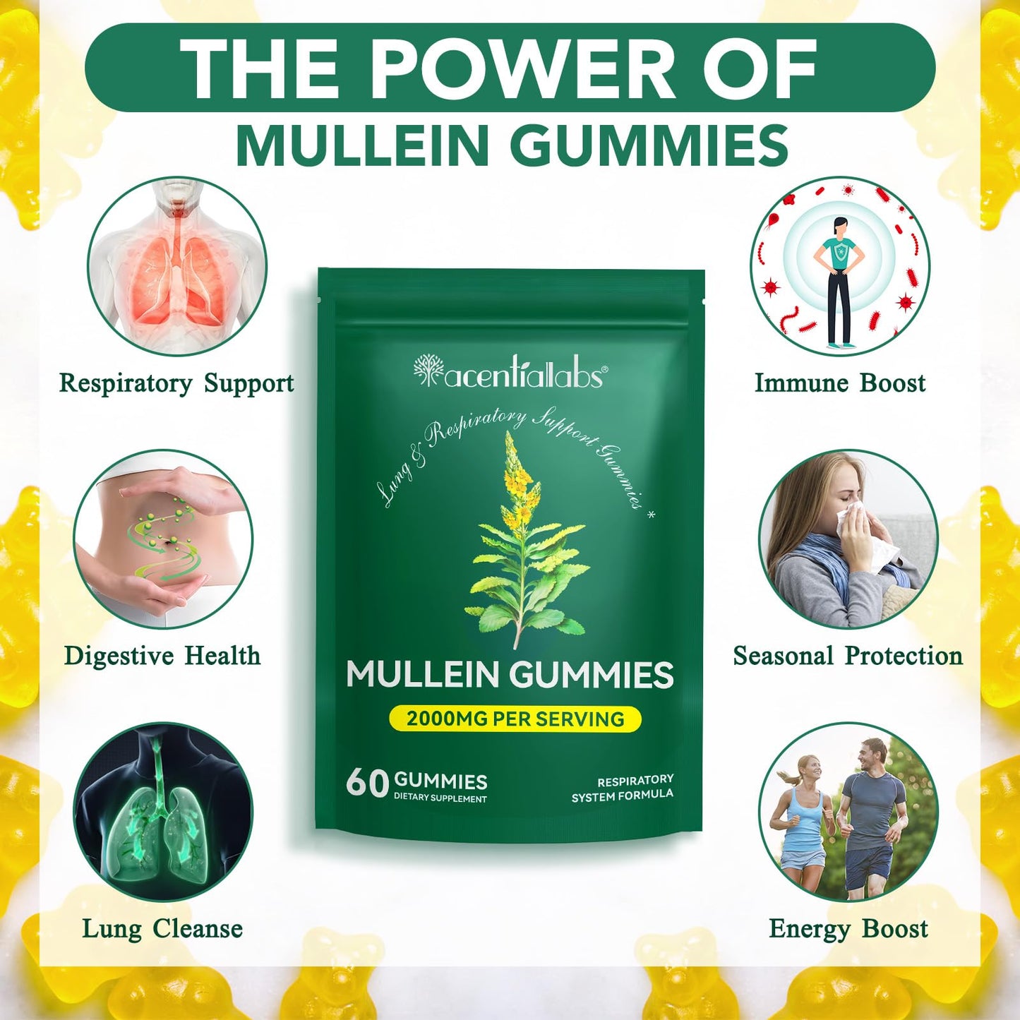 Mullein Gummies for Lungs | 2000mg Mullein Leaf Extract | Lung Support & Immune Health | 60 pcs