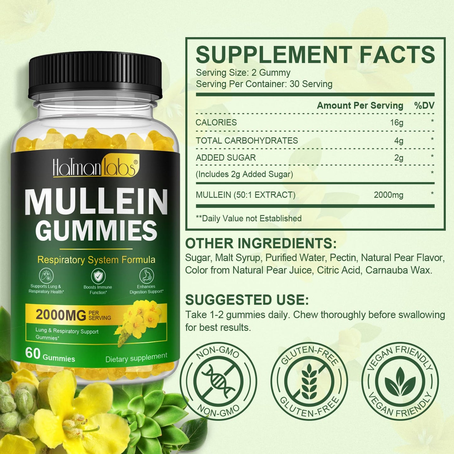 120 Count Mullein Gummies for Lungs – Pear Flavor, 2000 MG Mullein Leaf Extract