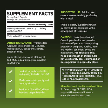 Mullein Leaf Capsules – 5000mg Extract (10:1) for Lung Support | Vegan & Non-GMO | 60 Count