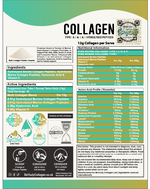 MultiTypes Bovine & Marine Collagen Hydrolysed Peptides TYPE I, II, III & X + Vitamin C & Hyaluronic Acid - 550g BeYouty Collagen™