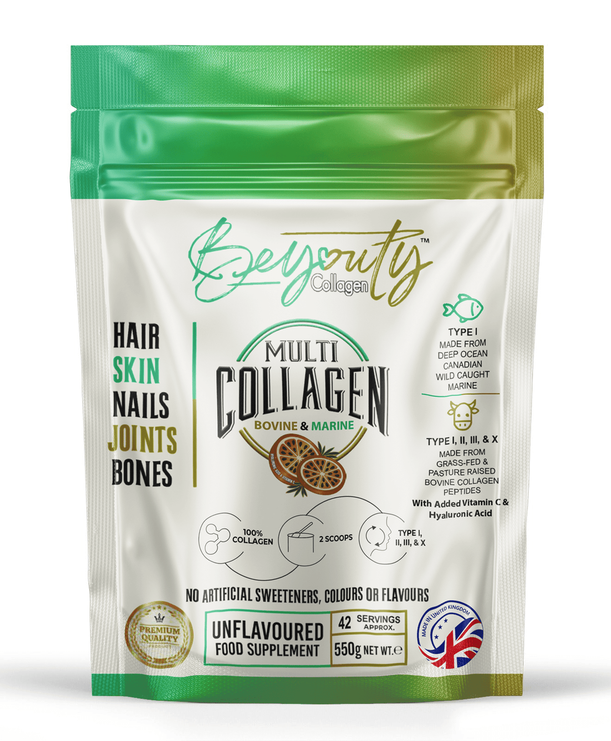 MultiTypes Bovine & Marine Collagen Hydrolysed Peptides TYPE I, II, III & X + Vitamin C & Hyaluronic Acid - 550g BeYouty Collagen™
