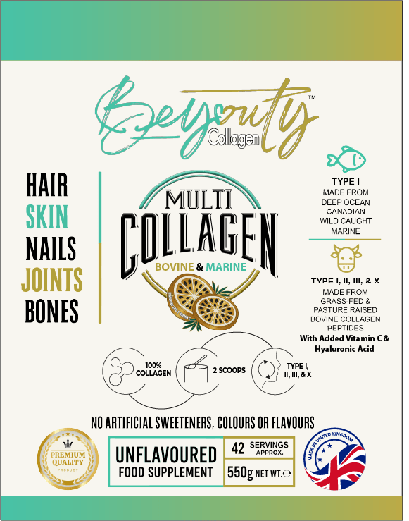 MultiTypes Bovine & Marine Collagen Hydrolysed Peptides TYPE I, II, III & X + Vitamin C & Hyaluronic Acid - 550g BeYouty Collagen™
