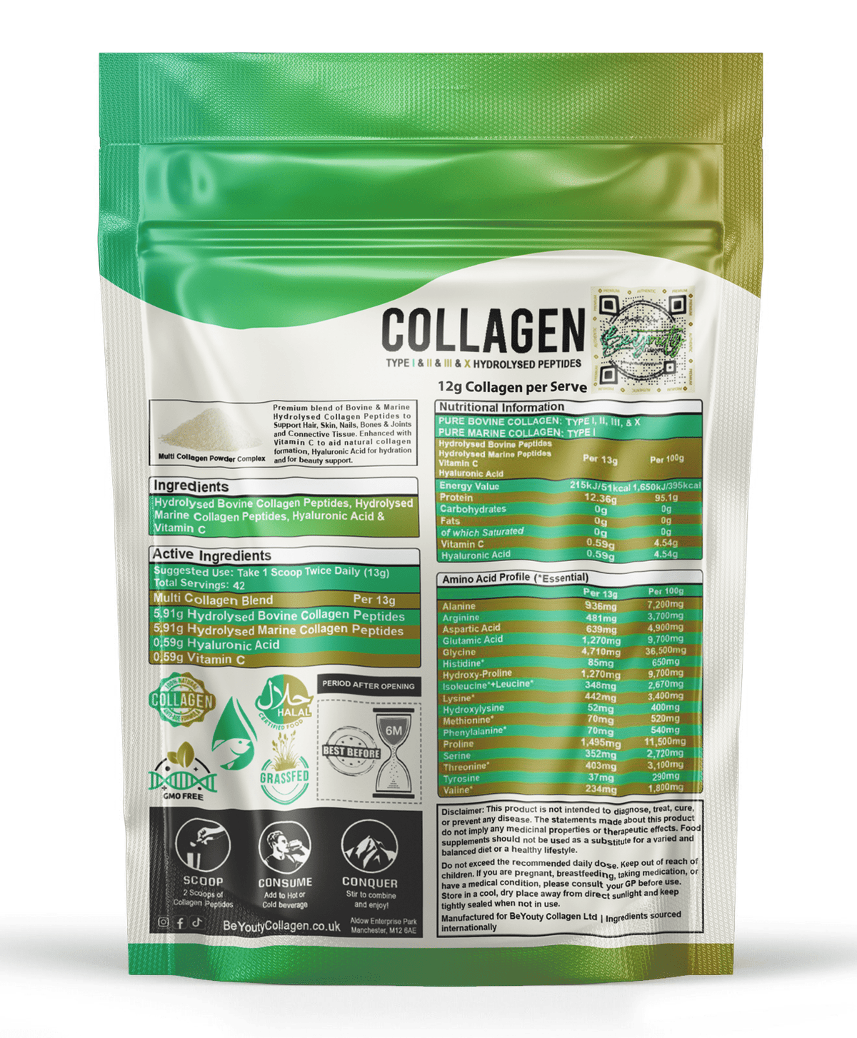 MultiTypes Bovine & Marine Collagen Hydrolysed Peptides TYPE I, II, III & X + Vitamin C & Hyaluronic Acid - 550g BeYouty Collagen™