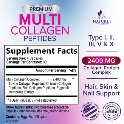 Multi Collagen 2400 mg — Types I, II, III, V & X | 120 Capsules