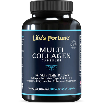 Multi Collagen Peptides Powder Drink Plus – Type I–X, Digestive Enzymes – Skin, Joints, Hair, Nails – Unflavored, 60 Caps