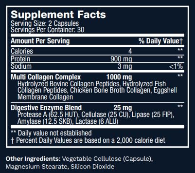 Multi Collagen Peptides Powder Drink Plus – Type I–X, Digestive Enzymes – Skin, Joints, Hair, Nails – Unflavored, 60 Caps