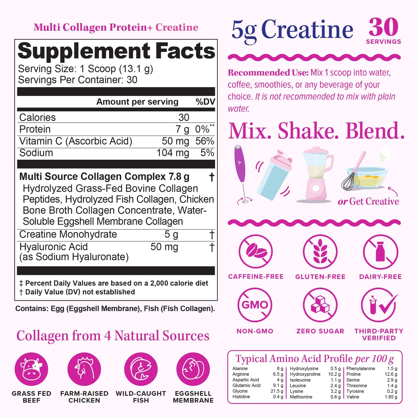 Multi Collagen Protein + Creatine | 5g Creatine Monohydrate, 30 Servings