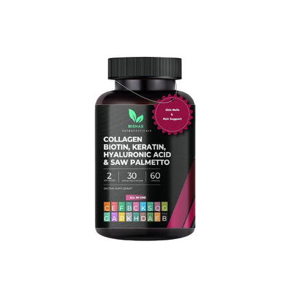 Multi Collagen Hair Pills with Biotin 10,000mcg – Keratin, Hyaluronic Acid & DHT Blocker | 60 Vegan Capsules