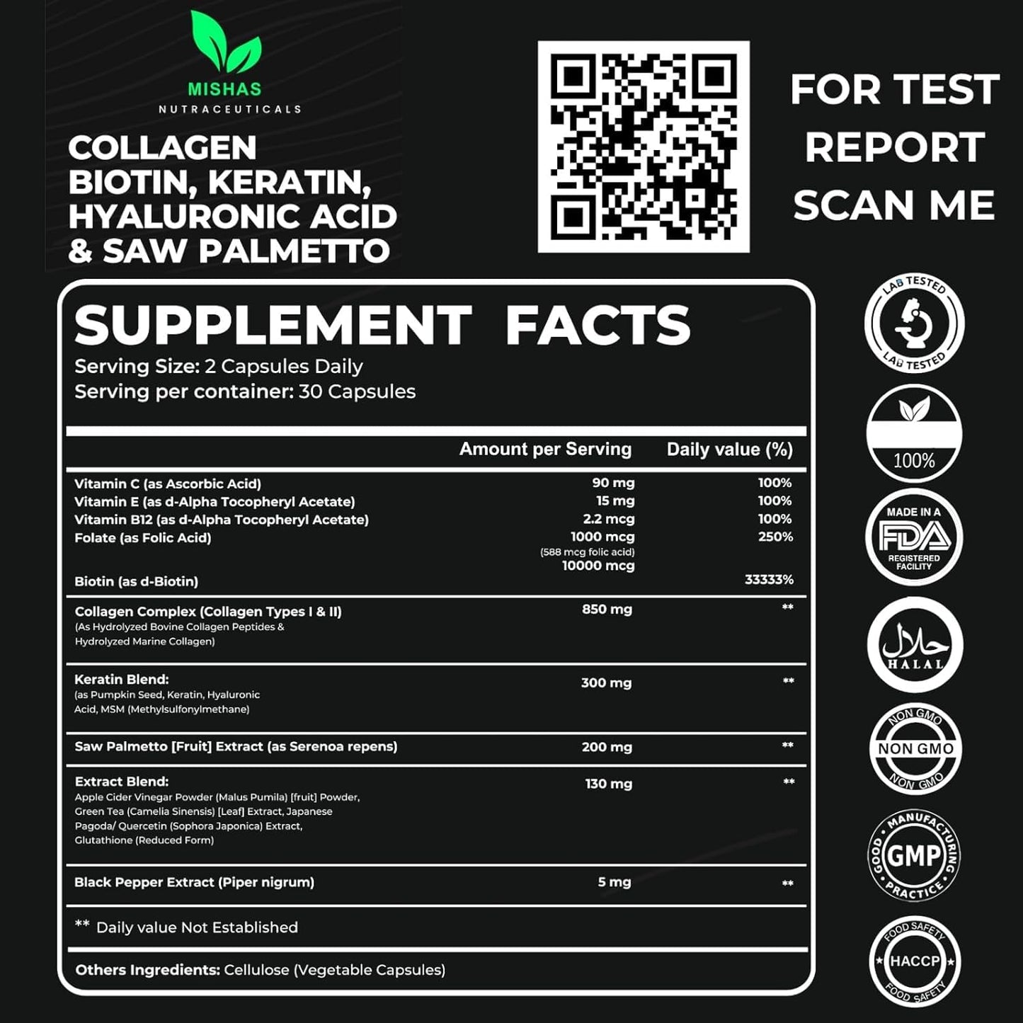 Multi Collagen Hair Pills with Biotin 10,000mcg – Keratin, Hyaluronic Acid & DHT Blocker | 60 Vegan Capsules